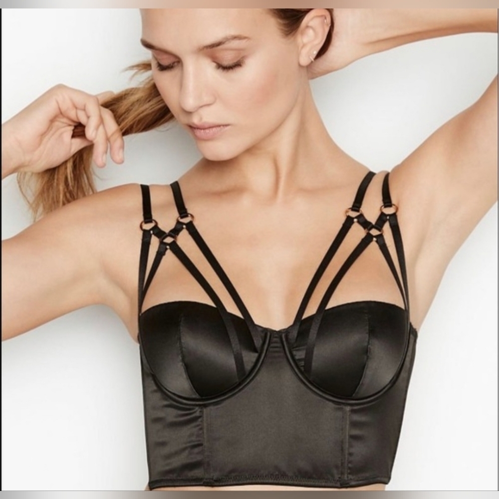 Victoria's Secret Size 32DD Very Sexy Black Bustier Strappy Bra Top Satin Boning